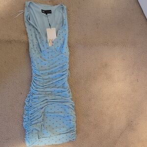 Zara Sky Blue Ruched Polka Dot Midi Dress
